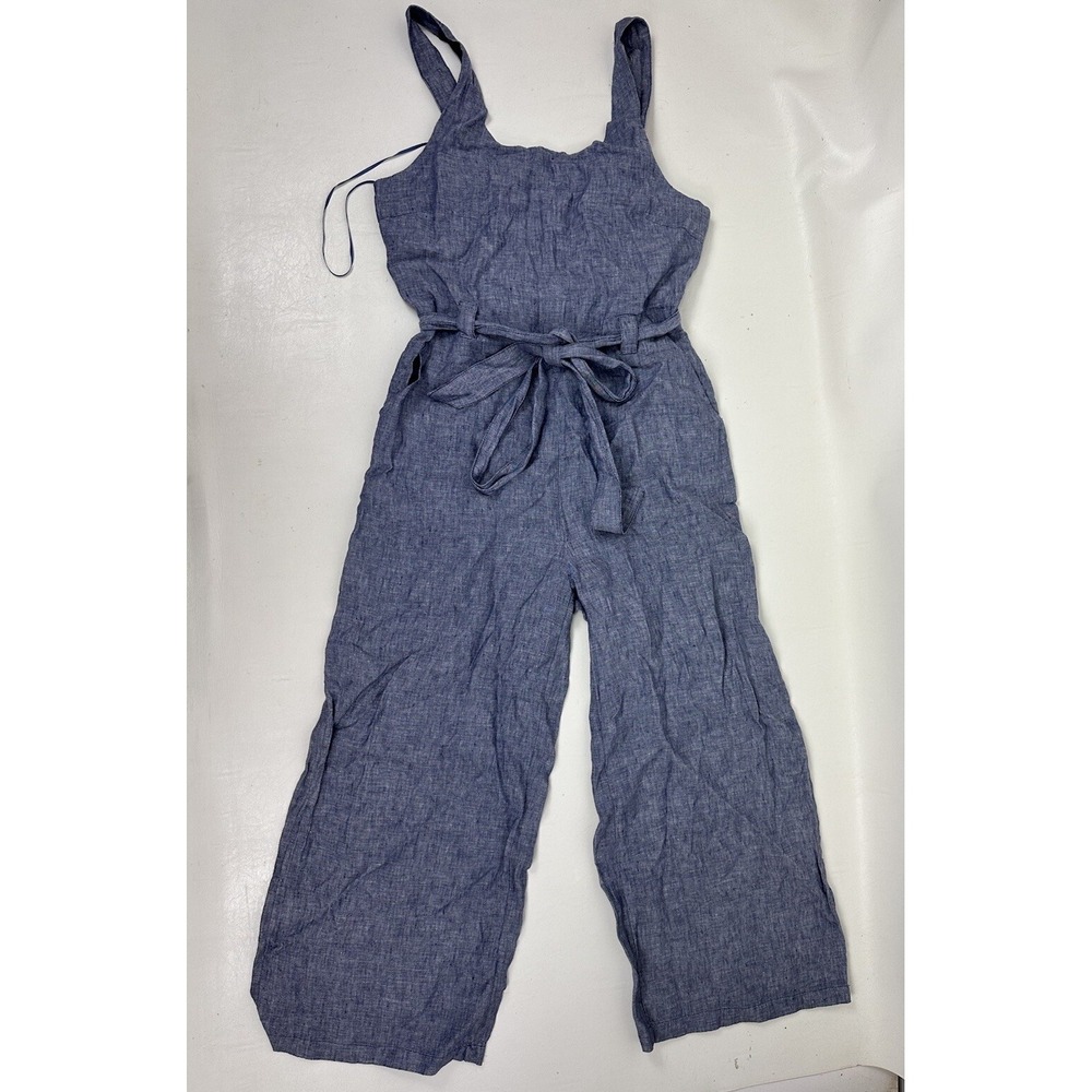 St Tropez West Linen Romper Outfit Blue Women's Size 6 Wide Leg Cropped